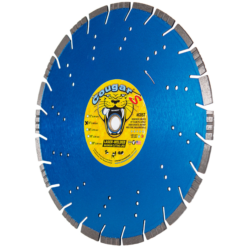 COUGAR® S Premium Diamond Blades for Reinforced Cured Concrete (up to 6,000 psi) Hard Stone and Masonry, Sizes 12" to 20".