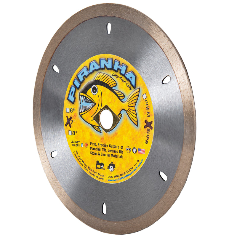 Piranha Diamond Saw Blade, Supreme, for Porcelain Tile, Ceramic Tile, and Stone, Dry or Wet Use, Continuous Rim, Size 4-1/2" & 7"