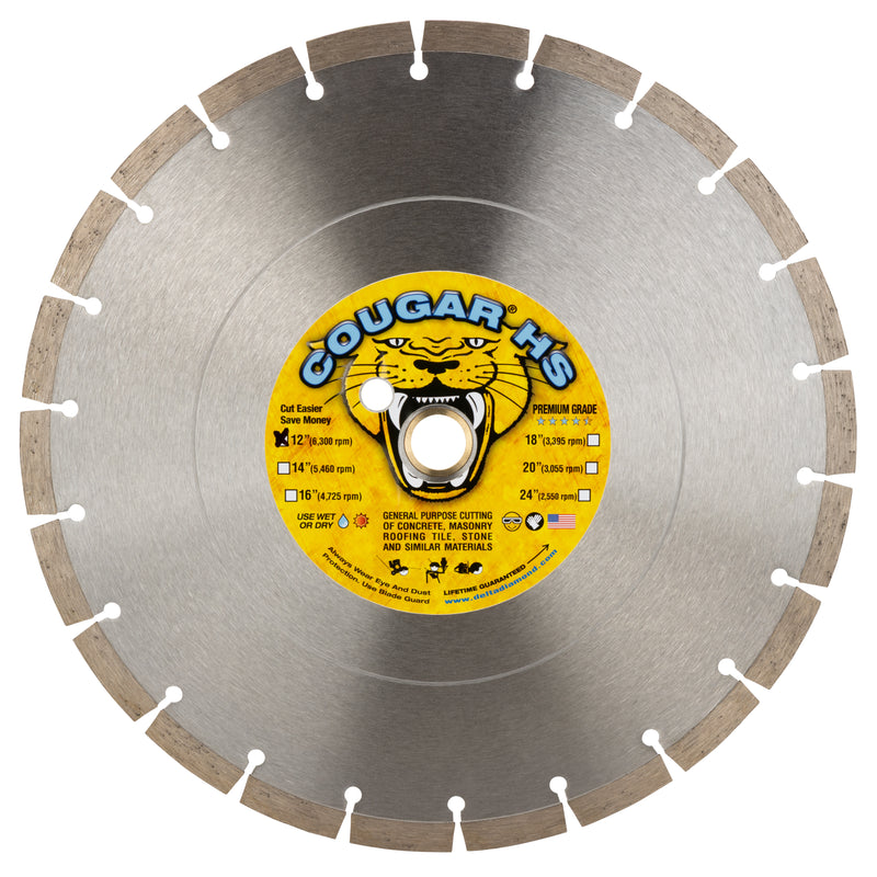 COUGAR® HS - Premium GENERAL PURPOSE Diamond Blades for Cutting Cured Concrete, Masonry, Stone and all Similar Materials. Sizes 12" thru 24"