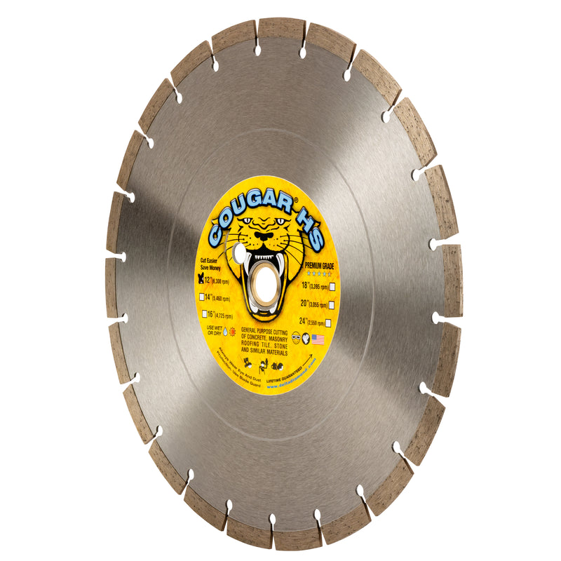 COUGAR® HS - Premium GENERAL PURPOSE Diamond Blades for Cutting Cured Concrete, Masonry, Stone and all Similar Materials. Sizes 12" thru 24"