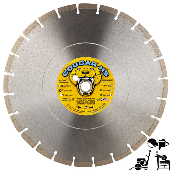 COUGAR® HS - Premium GENERAL PURPOSE Diamond Blades for Cutting Cured Concrete, Masonry, Stone and all Similar Materials. Sizes 12" thru 24"