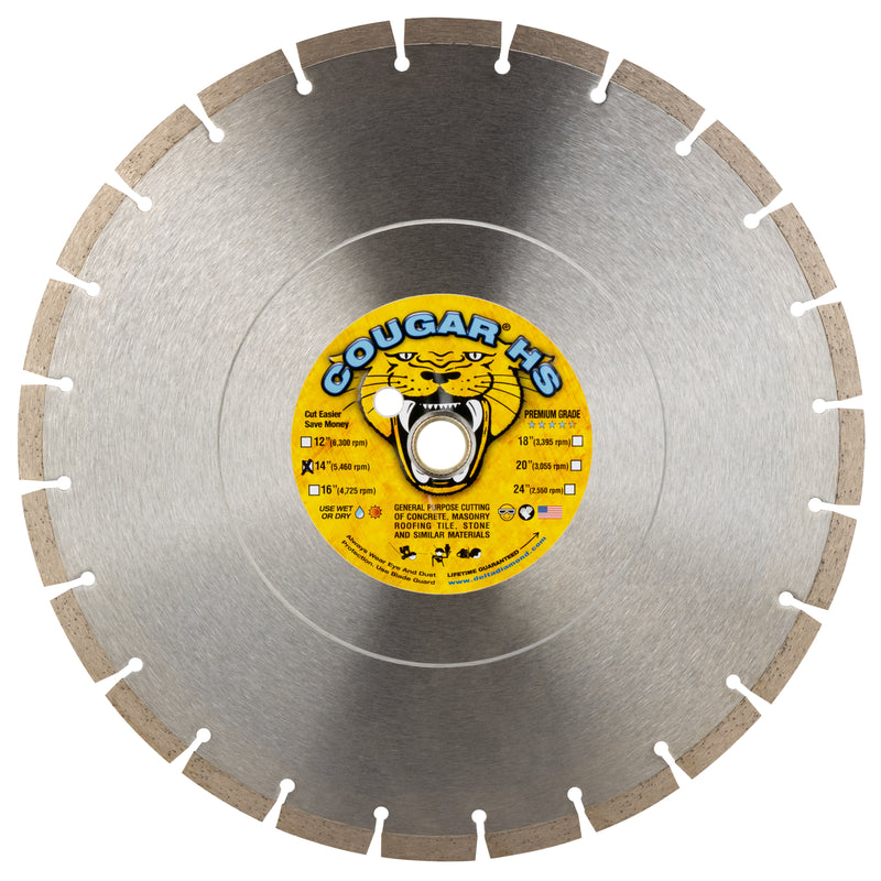 COUGAR® HS - Premium GENERAL PURPOSE Diamond Blades for Cutting Cured Concrete, Masonry, Stone and all Similar Materials. Sizes 12" thru 24"