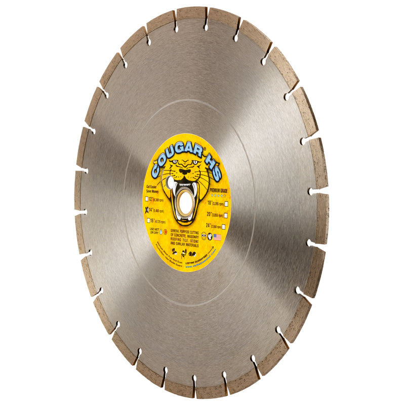 COUGAR® HS - Premium GENERAL PURPOSE Diamond Blades for Cutting Cured Concrete, Masonry, Stone and all Similar Materials. Sizes 12" thru 24"