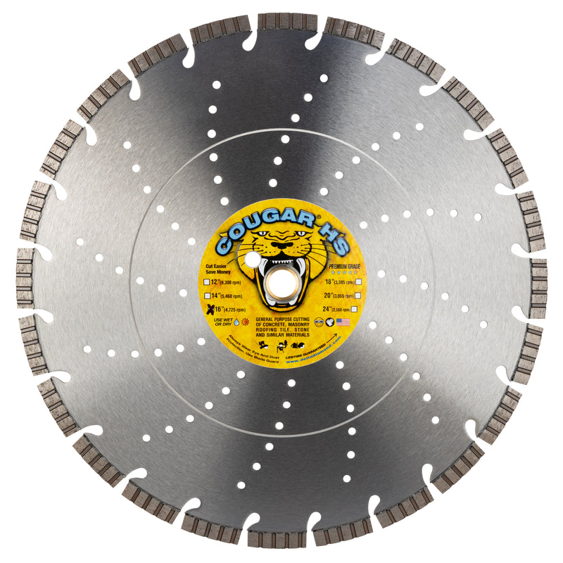 COUGAR® HS - Premium GENERAL PURPOSE Diamond Blades for Cutting Cured Concrete, Masonry, Stone and all Similar Materials. Sizes 12" thru 24"