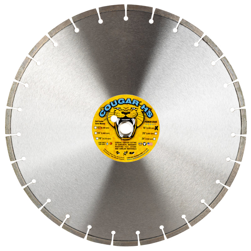 COUGAR® HS - Premium GENERAL PURPOSE Diamond Blades for Cutting Cured Concrete, Masonry, Stone and all Similar Materials. Sizes 12" thru 24"