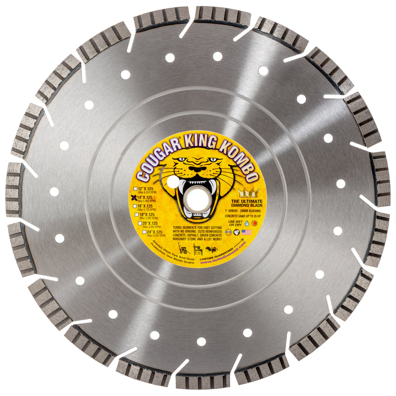 COUGAR® King Combo - The Ultimate Diamond Saw Blade for Cutting Reinforced Concrete, Asphalt, Green Concrete, Masonry, Stone and More! Sizes 7" thru 36"