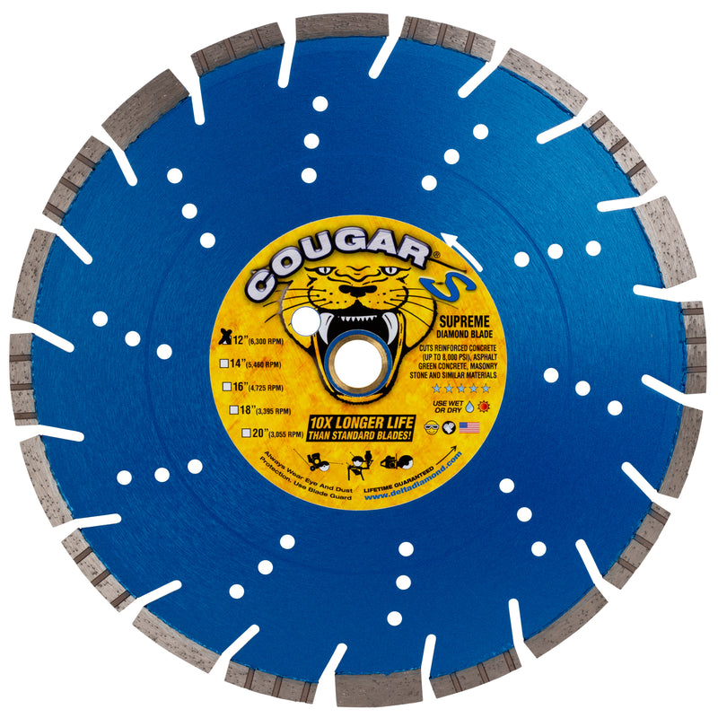 COUGAR® S - Supreme Grade Diamond Blades for FASTER CUTTING of Reinforced Concrete, Concrete Pipe, Masonry and Stone. Sizes 12" thru 24"