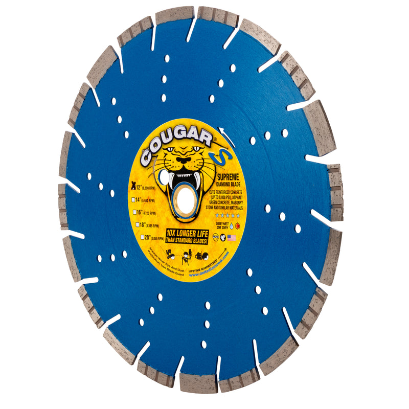 COUGAR® S - Supreme Grade Diamond Blades for FASTER CUTTING of Reinforced Concrete, Concrete Pipe, Masonry and Stone. Sizes 12" thru 24"