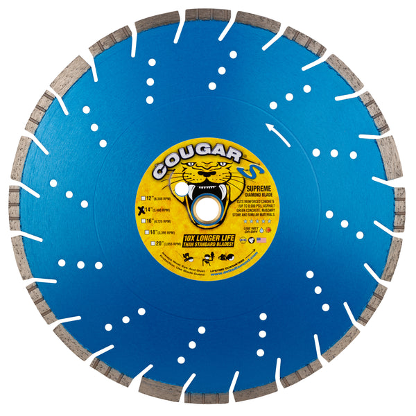 COUGAR® S - Supreme Grade Diamond Blades for FASTER CUTTING of Reinforced Concrete, Concrete Pipe, Masonry and Stone. Sizes 12" thru 24"