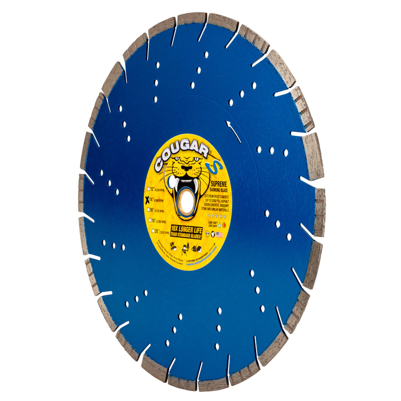 COUGAR® S - Supreme Grade Diamond Blades for FASTER CUTTING of Reinforced Concrete, Concrete Pipe, Masonry and Stone. Sizes 12" thru 24"