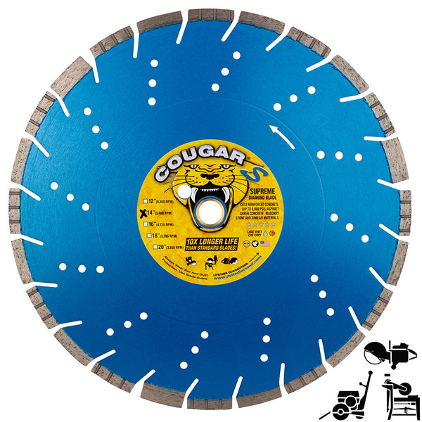 COUGAR® S - Supreme Grade Diamond Blades for FASTER CUTTING of Reinforced Concrete, Concrete Pipe, Masonry and Stone. Sizes 12" thru 24"