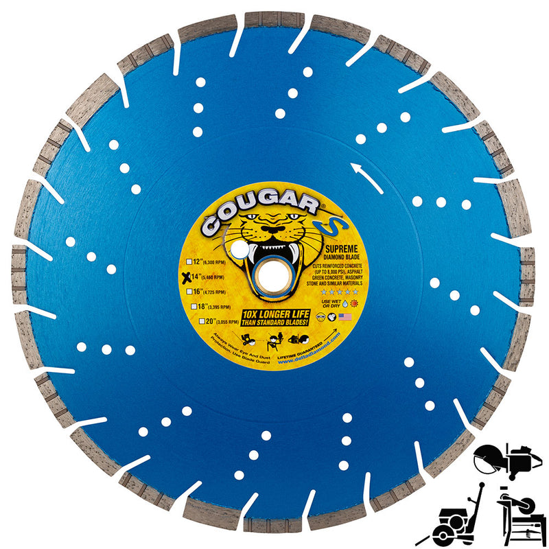 COUGAR® S - Supreme Grade Diamond Blades for FASTER CUTTING of Reinforced Concrete, Concrete Pipe, Masonry and Stone. Sizes 12" thru 24"