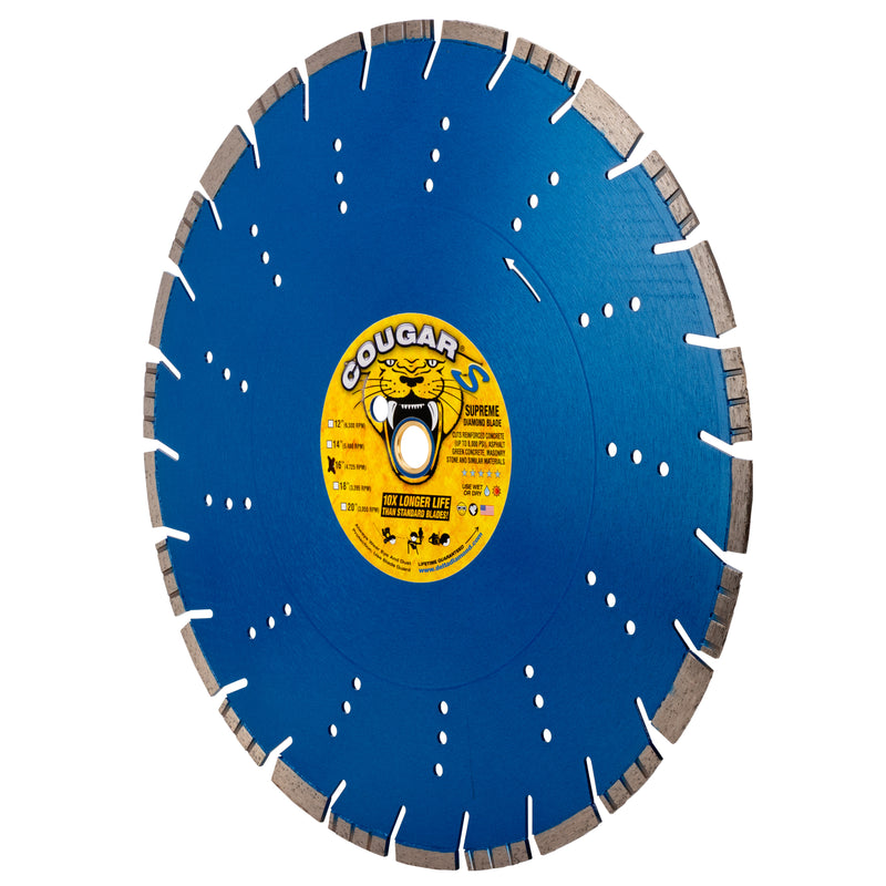 COUGAR® S - Supreme Grade Diamond Blades for FASTER CUTTING of Reinforced Concrete, Concrete Pipe, Masonry and Stone. Sizes 12" thru 24"