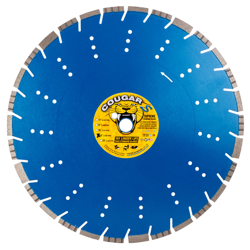 COUGAR® S - Supreme Grade Diamond Blades for FASTER CUTTING of Reinforced Concrete, Concrete Pipe, Masonry and Stone. Sizes 12" thru 24"