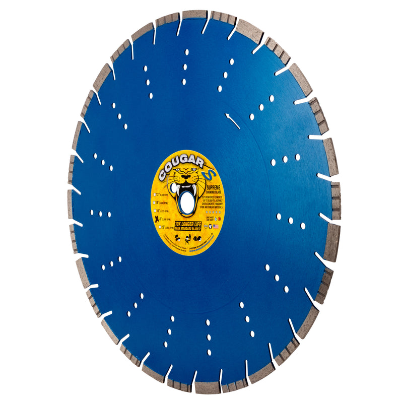 COUGAR® S - Supreme Grade Diamond Blades for FASTER CUTTING of Reinforced Concrete, Concrete Pipe, Masonry and Stone. Sizes 12" thru 24"