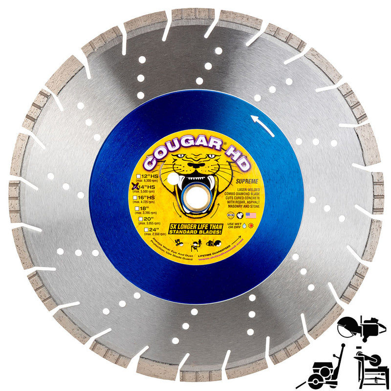 COUGAR® HD - Supreme Grade Diamond Blades for LONGER LIFE when Cutting Reinforced Concrete, Masonry and Stone. Sizes 12"-36"