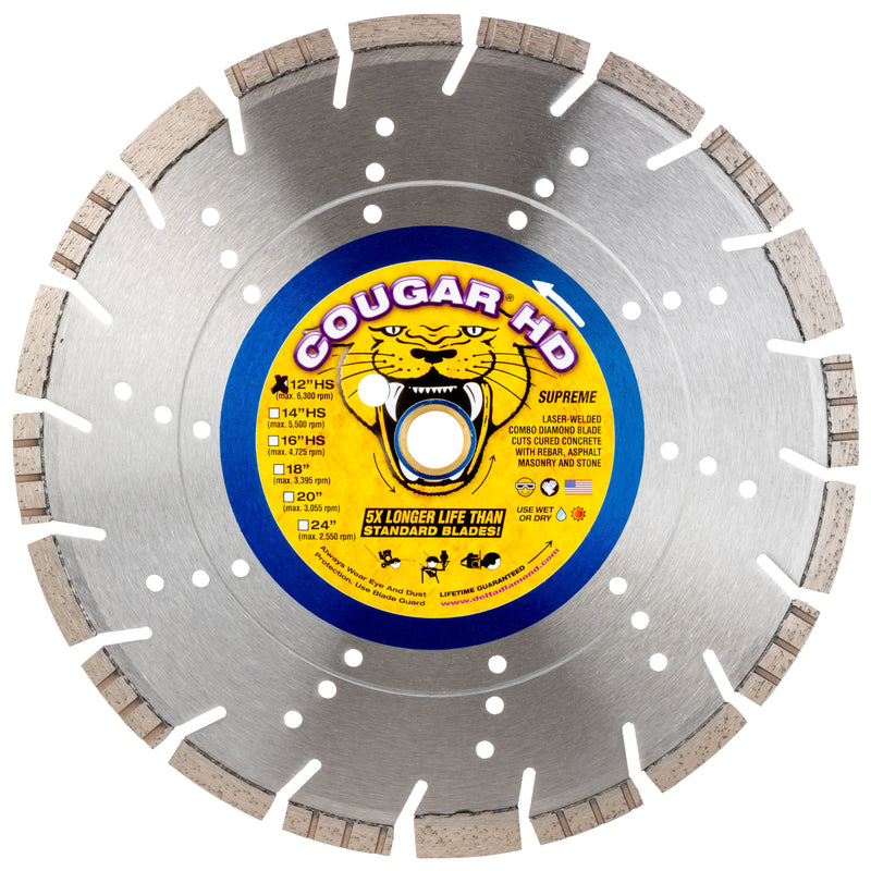 COUGAR® HD - Supreme Grade Diamond Blades for LONGER LIFE when Cutting Reinforced Concrete, Masonry and Stone. Sizes 12"-36"