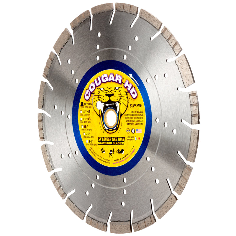 COUGAR® HD - Supreme Grade Diamond Blades for LONGER LIFE when Cutting Reinforced Concrete, Masonry and Stone. Sizes 12"-36"
