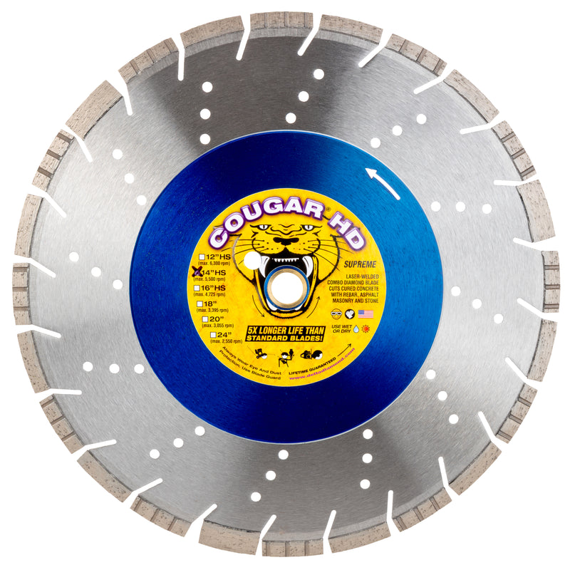 COUGAR® HD - Supreme Grade Diamond Blades for LONGER LIFE when Cutting Reinforced Concrete, Masonry and Stone. Sizes 12"-36"