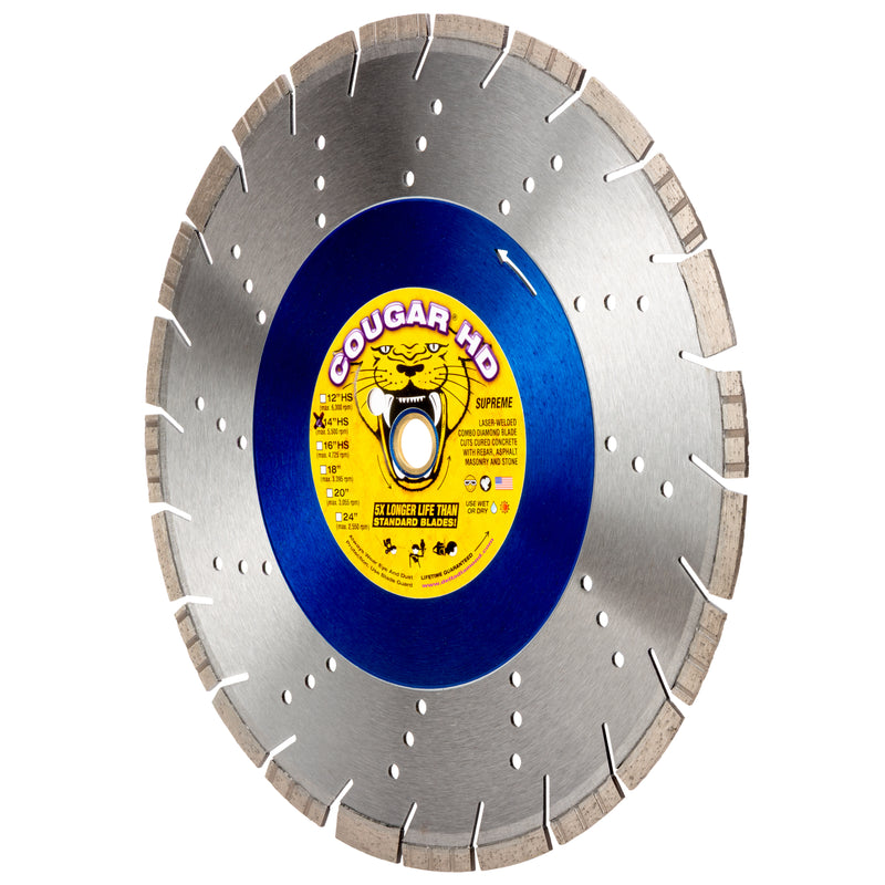 COUGAR® HD - Supreme Grade Diamond Blades for LONGER LIFE when Cutting Reinforced Concrete, Masonry and Stone. Sizes 12"-36"