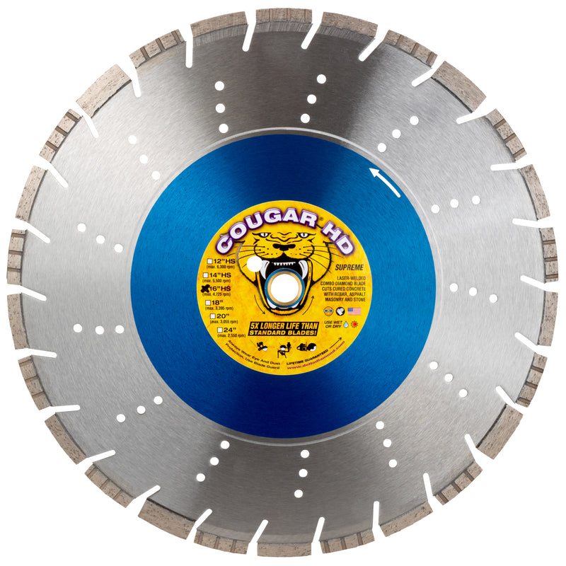 COUGAR® HD - Supreme Grade Diamond Blades for LONGER LIFE when Cutting Reinforced Concrete, Masonry and Stone. Sizes 12"-36"