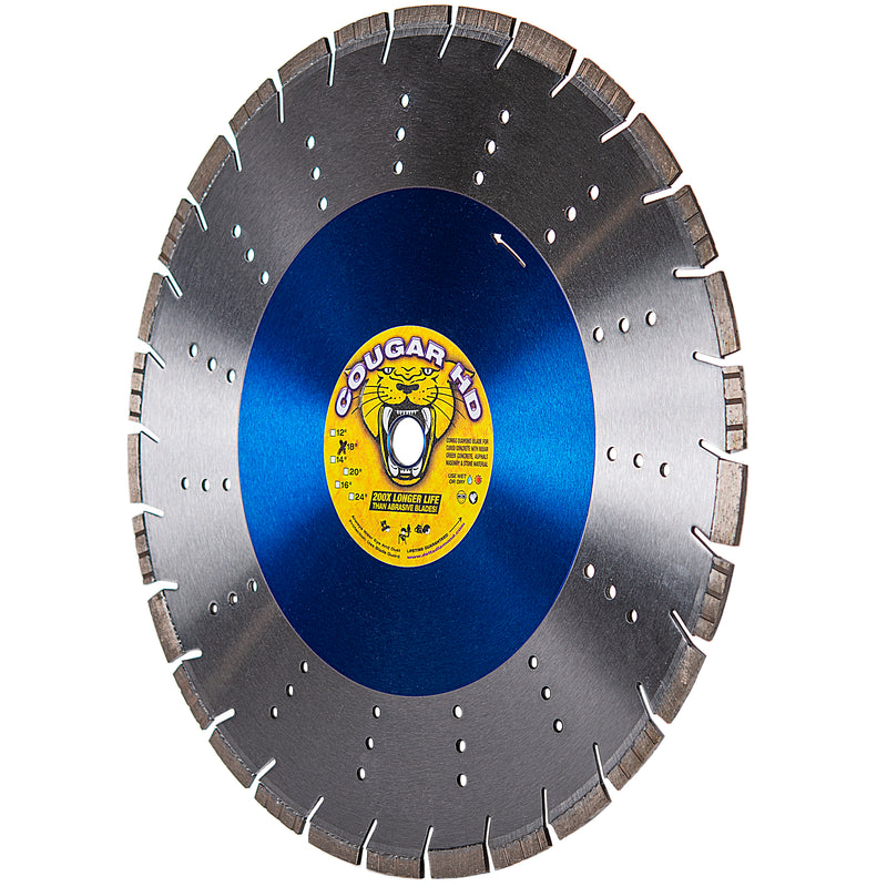 COUGAR® HD - Supreme Grade Diamond Blades for LONGER LIFE when Cutting Reinforced Concrete, Masonry and Stone. Sizes 12"-36"