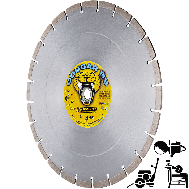 COUGAR® HS - Premium GENERAL PURPOSE Diamond Blades for Cutting Cured Concrete, Masonry, Stone and all Similar Materials. Sizes 12" thru 24"