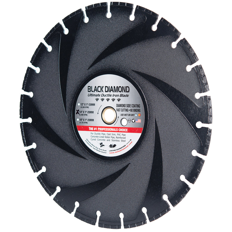 Black Diamond Blades for Cutting Ductile Iron, Concrete-Lined Water Pipe, Cured Concrete with Rebar, Sewer Pipe, PVC Pipe, Sizes 12" to 16"