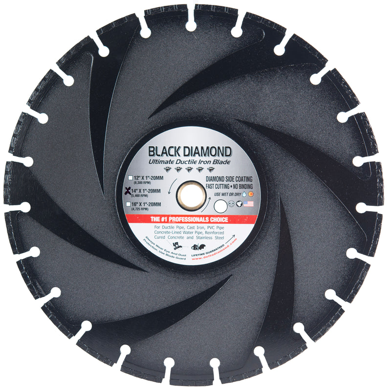 Black Diamond Blades for Cutting Ductile Iron, Concrete-Lined Water Pipe, Cured Concrete with Rebar, Sewer Pipe, PVC Pipe, Sizes 12" to 16"