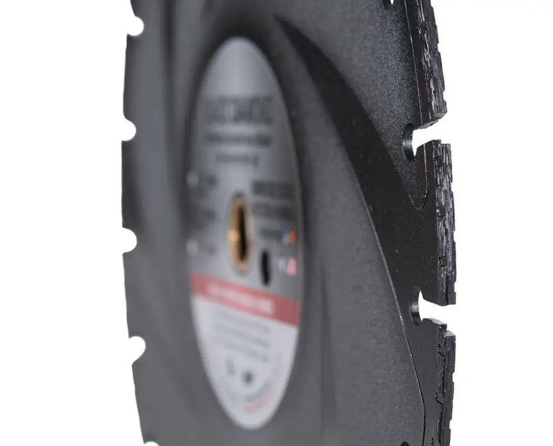 Close-up side view of a durable cut-off saw blade with detailed edges and a metal center label, generally featured for cutting tasks in construction and industrial applications, photographed on a white background.

