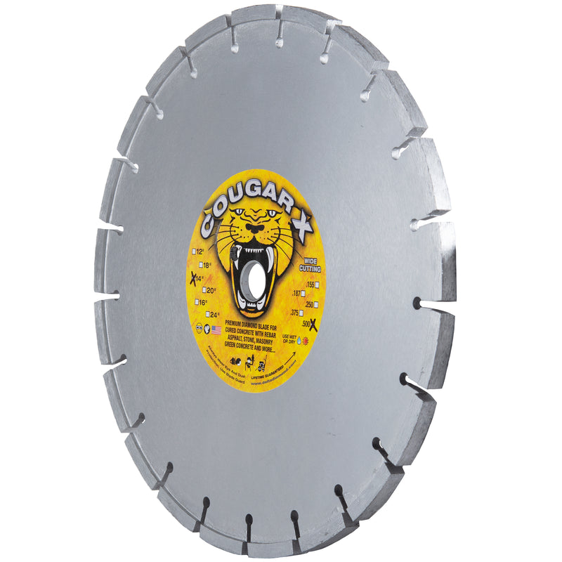 COUGAR® X Wide Cut Diamond Saw Blades, Premium, for Concrete, Size 7" to 20" Diameter, Thickness From 1/8" to 3/4"