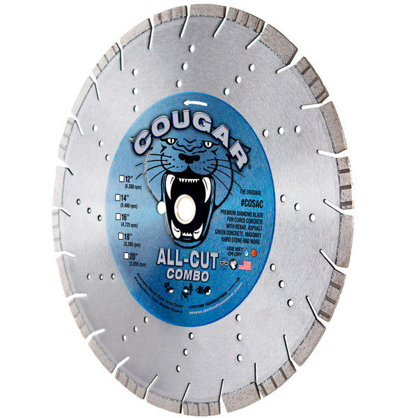 COUGAR® ALL-CUT Combo Diamond Saw Blades, Wet/Dry Supreme, Segmented-Turbo, Original Blue Dot Blade for Cured Concrete with Rebar Reinforcing, Masonry, Stone, Size 12" to 24"