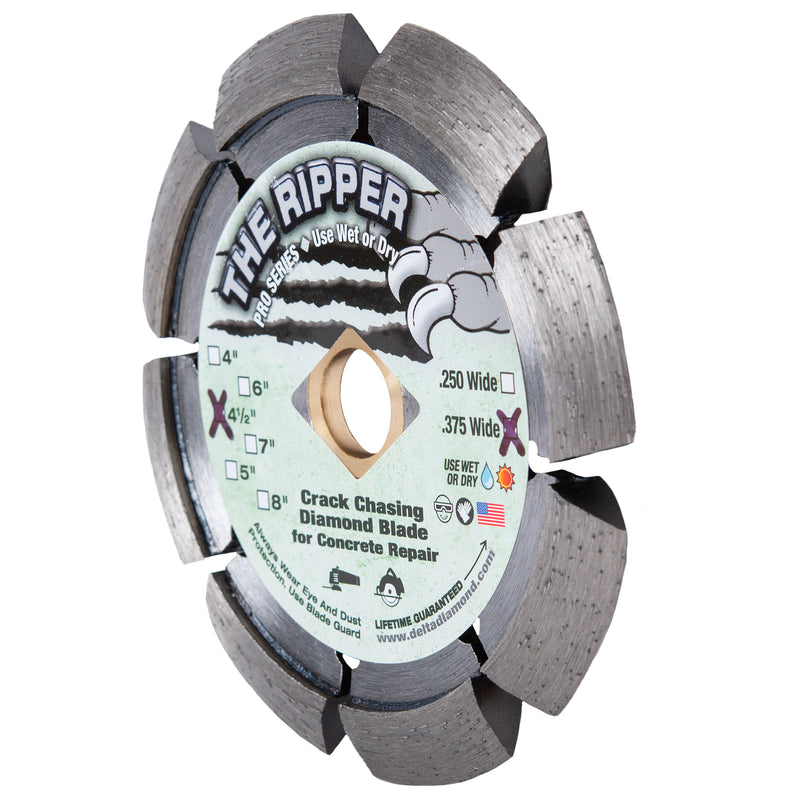 Ripper Premium Crack Chaser Diamond Blades, Now available in 1/4", 3/8", or 1/2" Wide, Sizes 4" to 8" Diameter, Use Wet or Dry