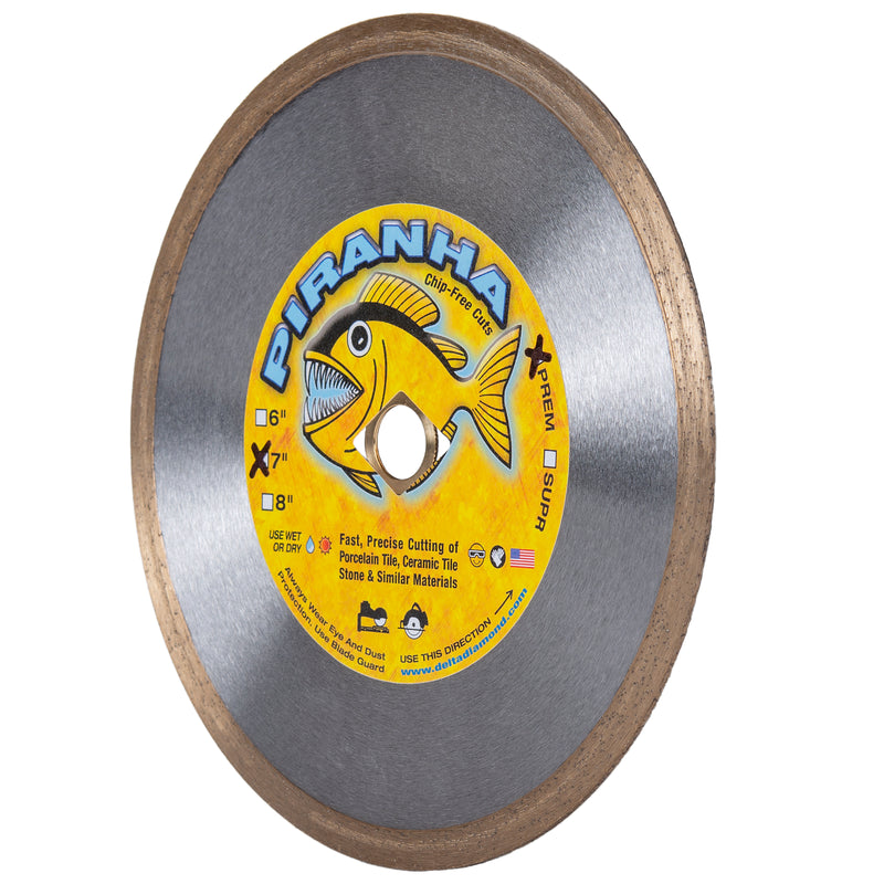 Piranha Diamond Saw Blade, Premium, for Porcelain Tile, Ceramic Tile, and Stone, Wet or Dry Use, Continuous Rim, Sizes 3.375" to 10"